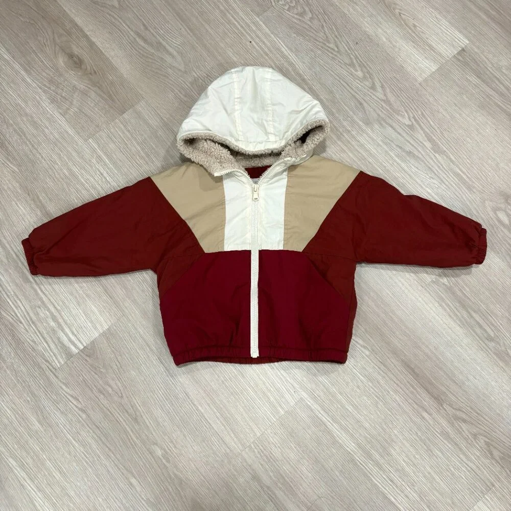 Zara Colorblock Hooded Jacket in White, Beige, Burgundy & Red